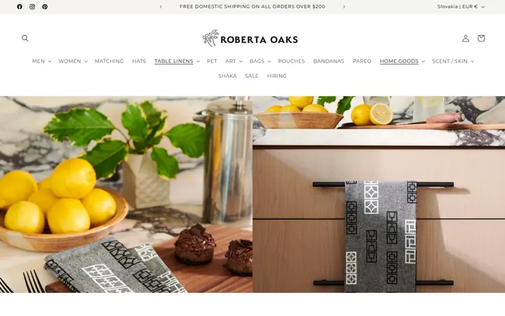 Website page titled TABLE LINENS – Roberta Oaks, Hawaii