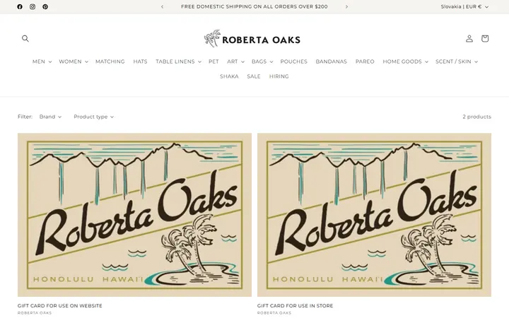 Website page titled GIFT CARD – Roberta Oaks, Hawaii
