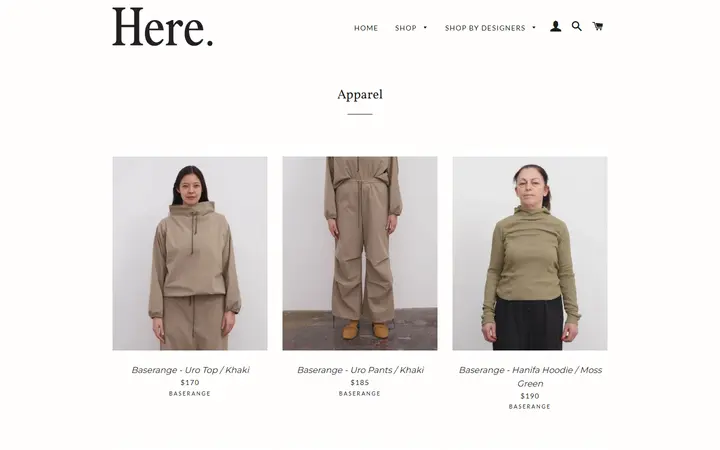 Website page titled Apparel – Here.
