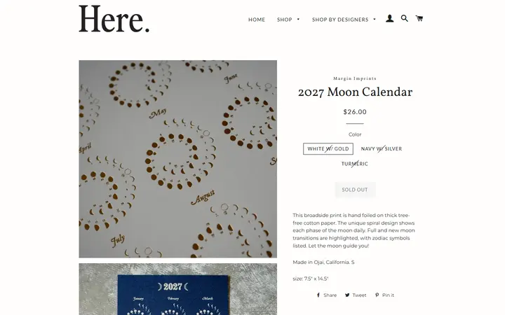 Website page titled 2027 Moon Calendar – Here.