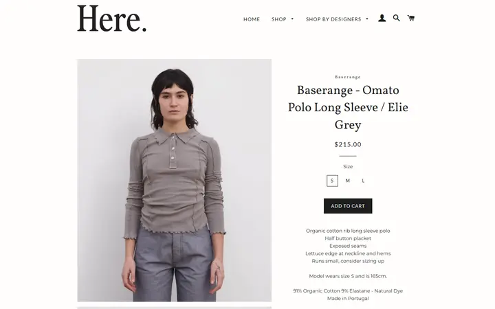 Website page titled Baserange - Omato Polo Long Sleeve / Elie Grey – Here.