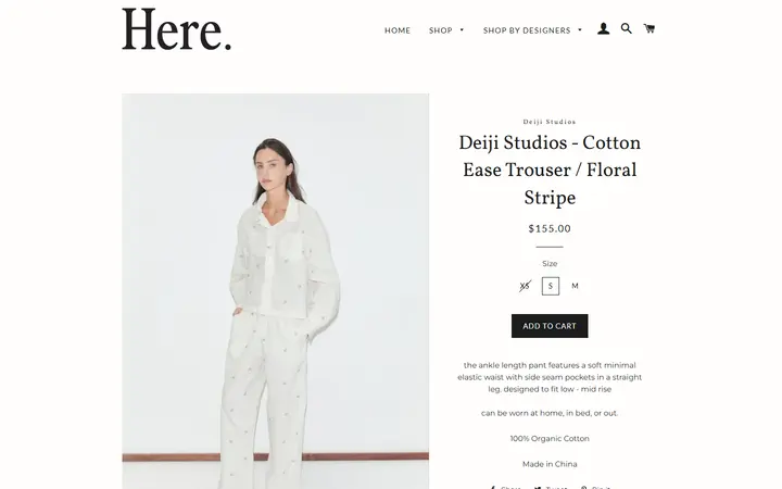 Website page titled Deiji Studios - Cotton Ease Trouser / Floral Stripe – Here.