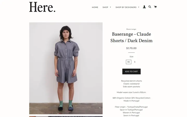 Website page titled Baserange - Claude Shorts / Dark Denim – Here.