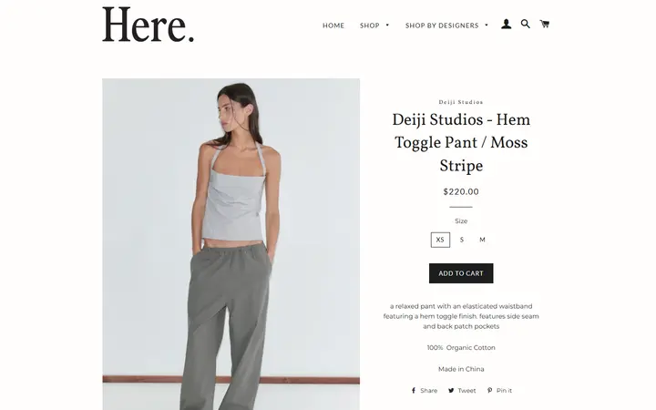 Website page titled Deiji Studios - Hem Toggle Pant / Moss Stripe – Here.