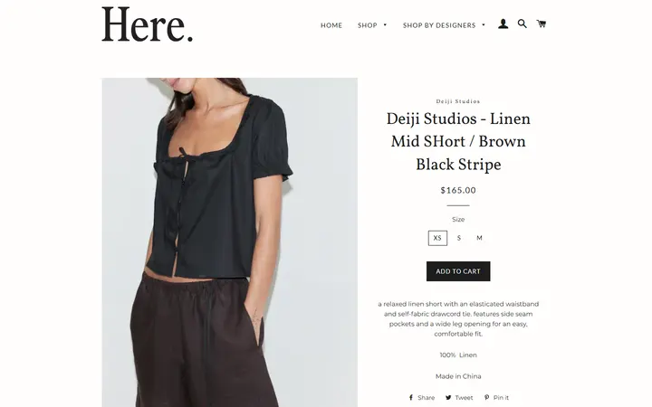 Website page titled Deiji Studios - Linen Mid SHort / Brown Black Stripe – Here.