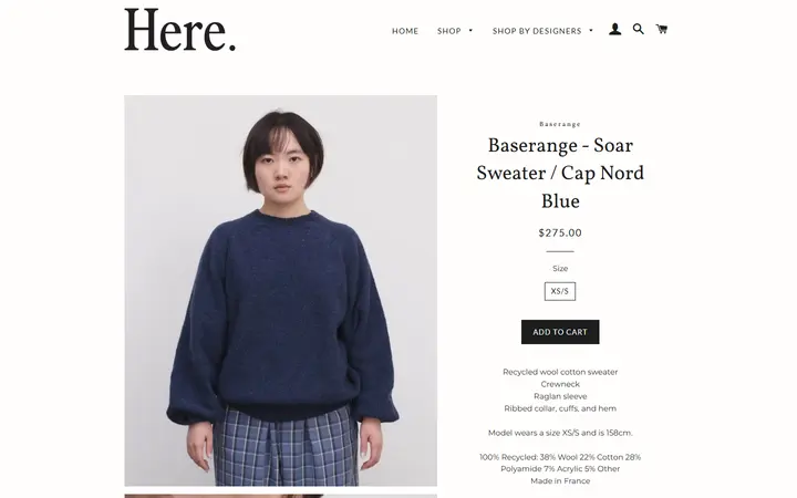 Website page titled Baserange - Soar Sweater / Cap Nord Blue – Here.