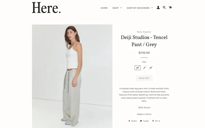 Website page titled Deiji Studios - Tencel Pant / Grey – Here.
