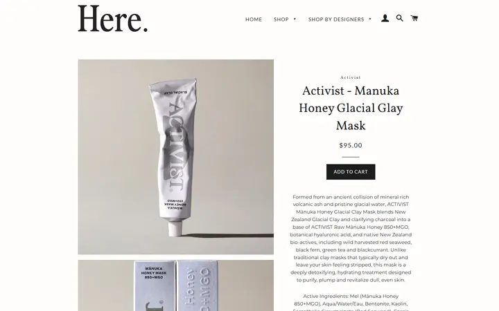 Website page titled Activist - Manuka Honey Glacial Glay Mask – Here.