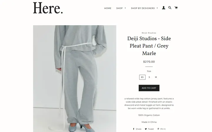 Website page titled Deiji Studios - Side Pleat Pant / Grey Marle – Here.