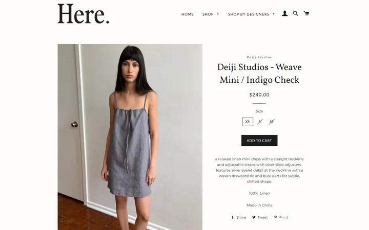 Website page titled Deiji Studios - Weave Mini / Indigo Check – Here.