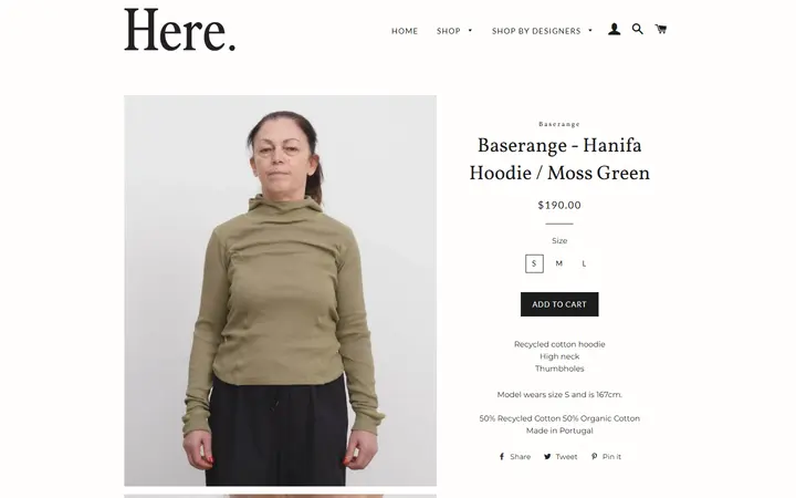 Website page titled Baserange - Hanifa Hoodie / Moss Green – Here.