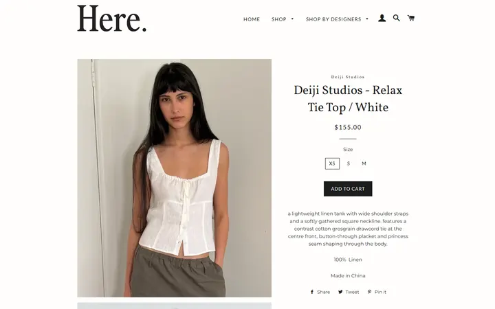 Website page titled Deiji Studios - Relax Tie Top / White – Here.