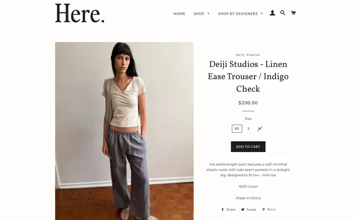 Website page titled Deiji Studios - Linen Ease Trouser / Indigo Check – Here.
