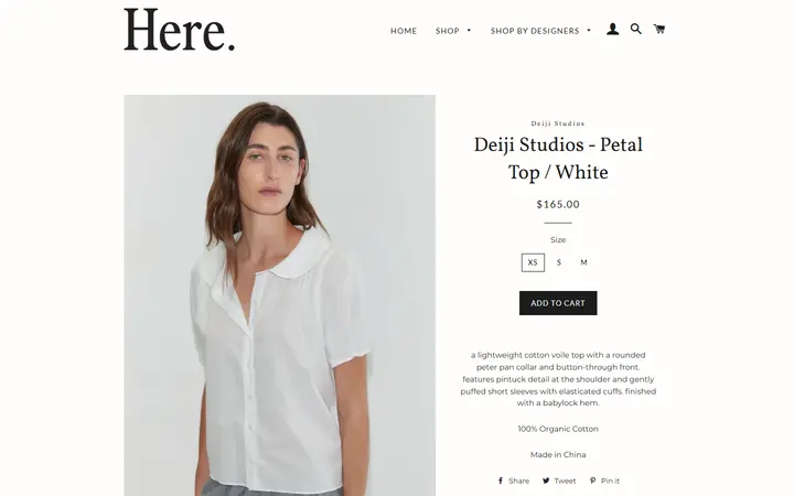 Website page titled Deiji Studios - Petal Top / White – Here.