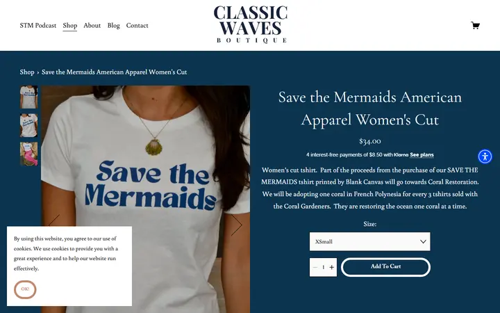 Website page titled Save the Mermaids American Apparel Women's Cut — CLASSIC WAVES