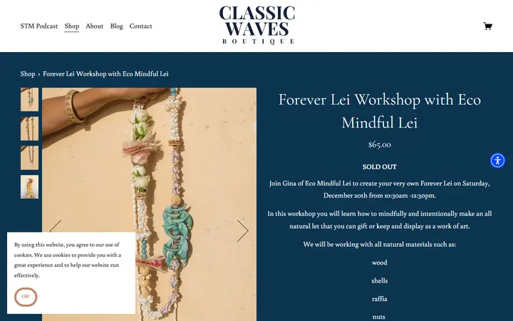 Website page titled Forever Lei Workshop with Eco Mindful Lei — CLASSIC WAVES