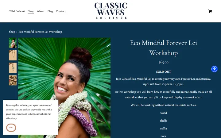 Website page titled Eco Mindful Forever Lei Workshop — CLASSIC WAVES