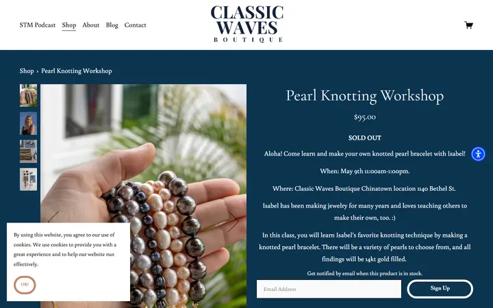 Website page titled Pearl Knotting Workshop — CLASSIC WAVES