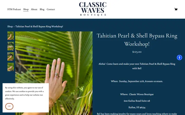 Website page titled Tahitian Pearl & Shell Bypass Ring Workshop! — CLASSIC WAVES