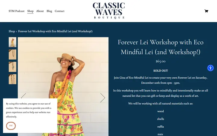 Website page titled Forever Lei Workshop with Eco Mindful Lei (2nd Workshop!) — CLASSIC WAVES