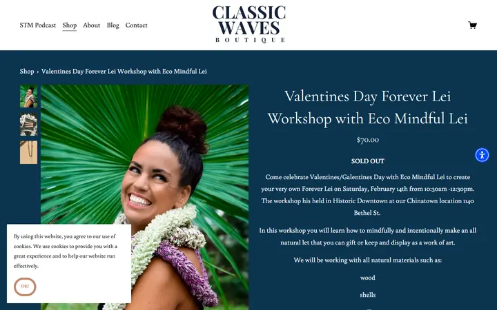 Website page titled Valentines Day Forever Lei Workshop with Eco Mindful Lei — CLASSIC WAVES