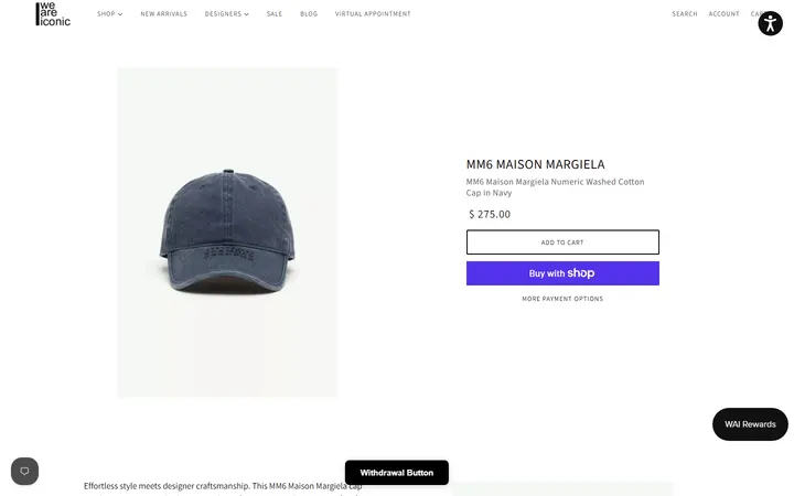 Website page titled MM6 Maison Margiela Numeric Washed Cotton Cap in Navy | WE ARE ICONIC