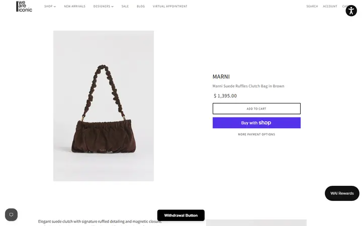 Website page titled Marni Suede Ruffles Clutch Bag in Brown | WE ARE ICONIC