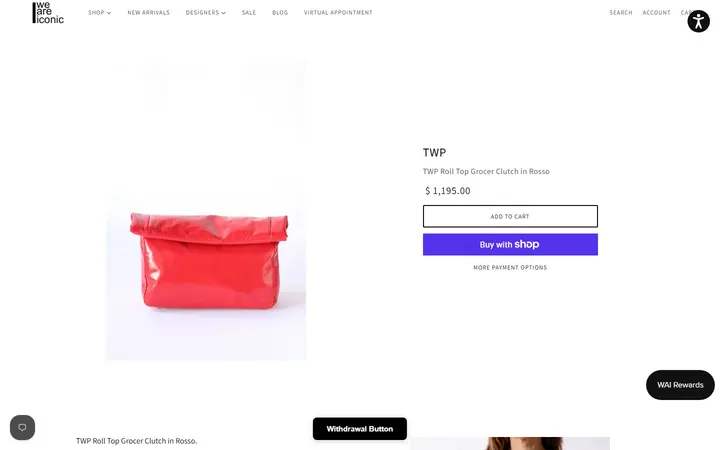 Website page titled TWP Roll Top Grocer Clutch in Rosso | WE ARE ICONIC