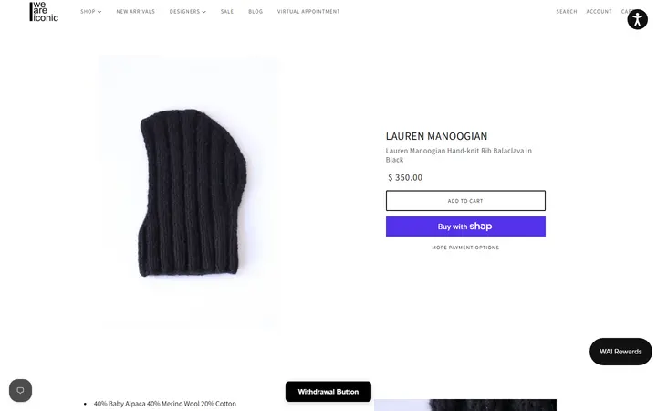 Website page titled Lauren Manoogian Hand-knit Rib Balaclava in Black | WE ARE ICONIC
