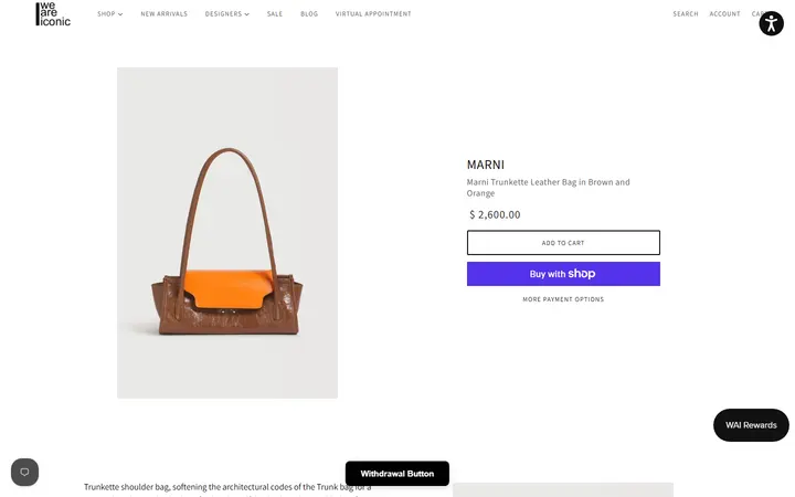 Website page titled Marni Trunkette Leather Bag in Brown and Orange | WE ARE ICONIC