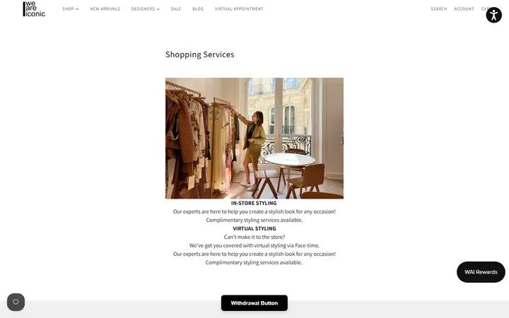 Website page titled Shopping Services at W.A.I | WE ARE ICONIC