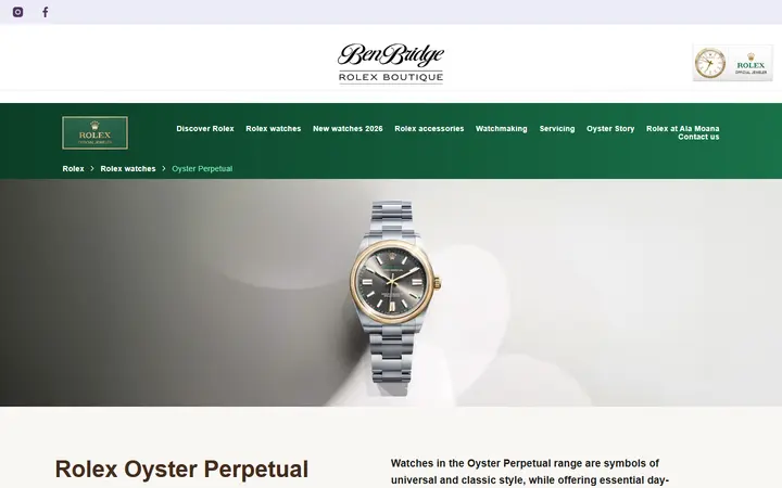 Website page titled Rolex Oyster Perpetual Watches | Rolex Boutique Ben Bridge, Ala Moana
