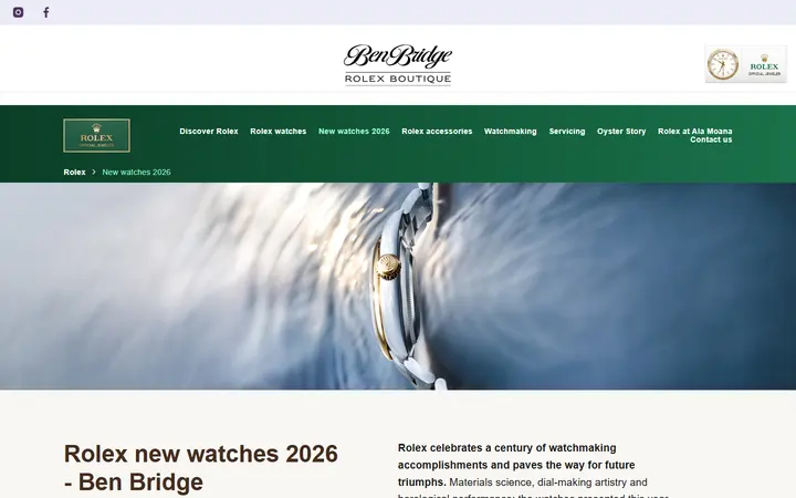 Website page titled Rolex New Watches 2026 | Rolex Boutique Ben Bridge, Ala Moana