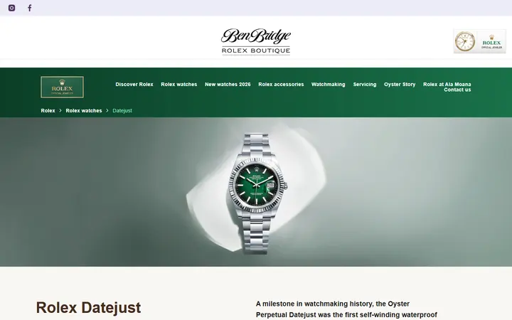 Website page titled Rolex Datejust Watches | Rolex Boutique Ben Bridge, Ala Moana