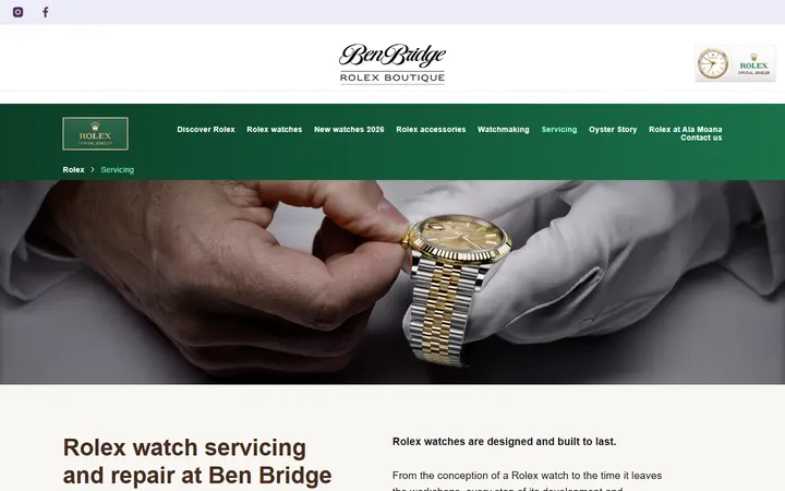 Website page titled Servicing Your Rolex | Rolex Boutique Ben Bridge, Ala Moana