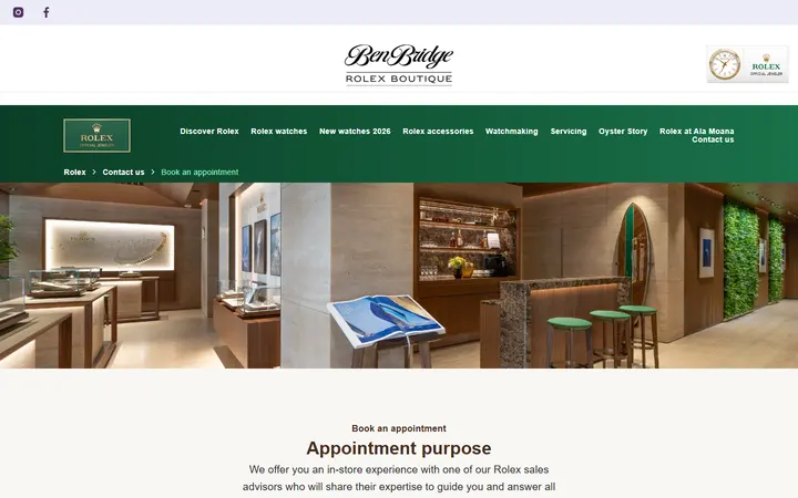 Website page titled Book an appointment | Rolex Boutique Ben Bridge, Ala Moana