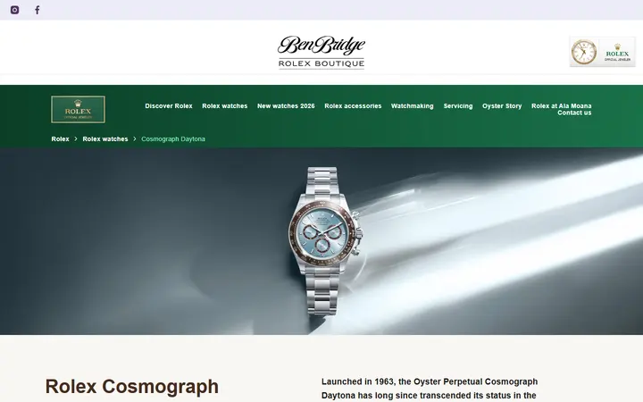 Website page titled Rolex Cosmograph Daytona Watches | Rolex Boutique Ben Bridge, Ala Moana