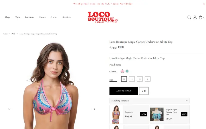 Website page titled Loco Boutique Magic Carpet Underwire Bikini Top