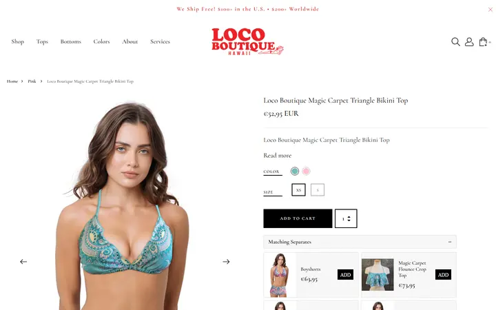 Website page titled Loco Boutique Magic Carpet Triangle Bikini Top