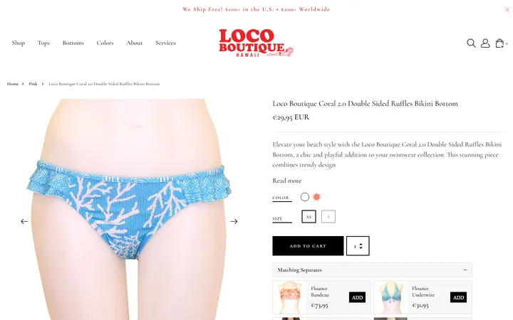 Website page titled Loco Boutique Coral 2.0 Double Sided Ruffles Bikini Bottom