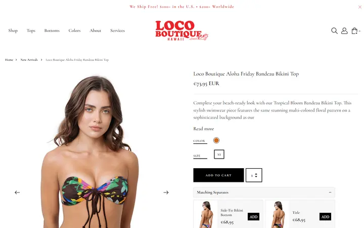 Website page titled Loco Boutique Aloha Friday Bandeau Bikini Top