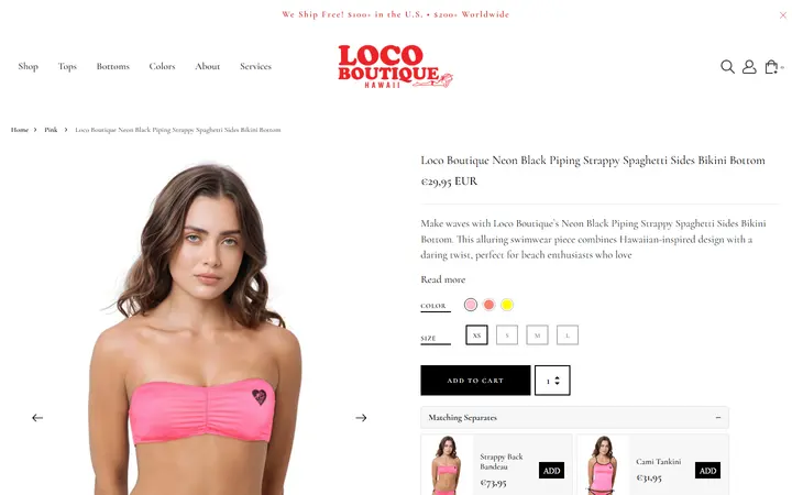 Website page titled Loco Boutique Neon Black Piping Strappy Spaghetti Sides Bikini Bottom