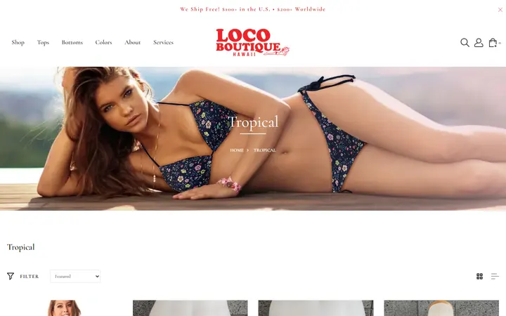 Website page titled Tropical Print Swimwear