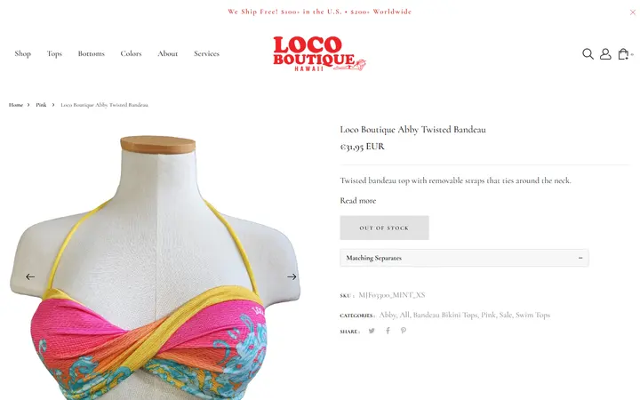 Website page titled Loco Boutique Abby Twisted Bandeau