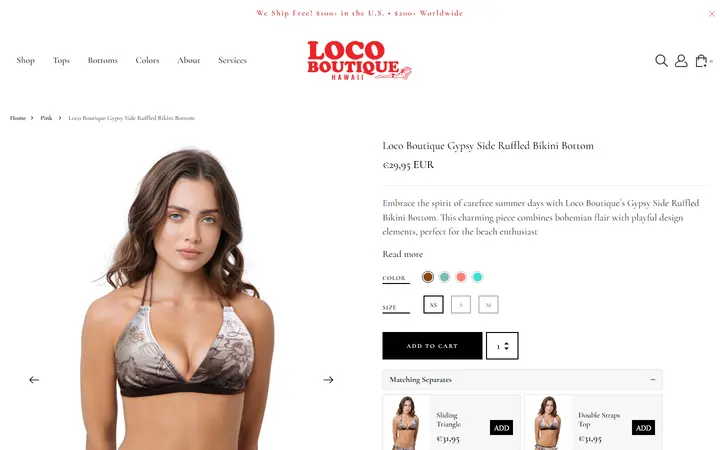 Website page titled Loco Boutique Gypsy Side Ruffled Bikini Bottom
