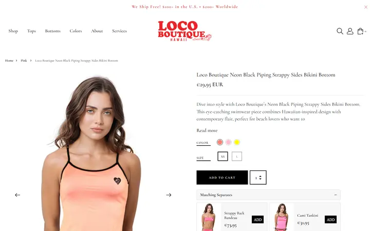 Website page titled Loco Boutique Neon Black Piping Strappy Sides Bikini Bottom