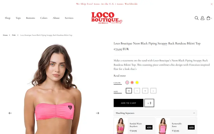 Website page titled Loco Boutique Neon Black Piping Strappy Back Bandeau Bikini Top