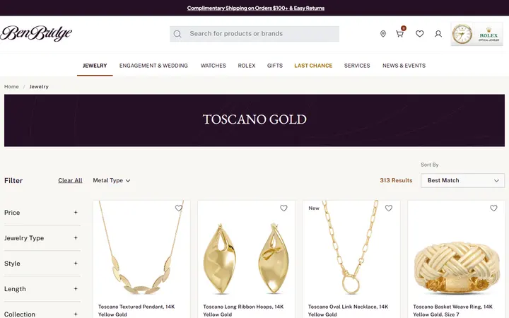 Website page titled Toscano Gold | Ben Bridge Jeweler