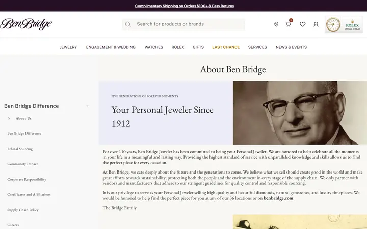 Website page titled About Us | Ben Bridge Jeweler