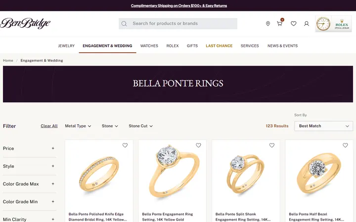Website page titled Bella Ponte Rings | Ben Bridge Jeweler